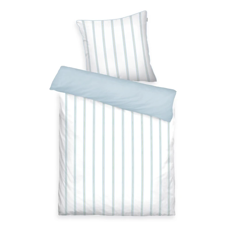 TOM TAILOR Satin Bed Linen 80 x 80 cm + 155 x 220 cm, 100% Cotton/Satin, with Reversible Motif, Coloured Piping on Cushion and Branded Zip, Classic Satin Stripes White, Light Blue (Light Lemon & Sky - Image 1