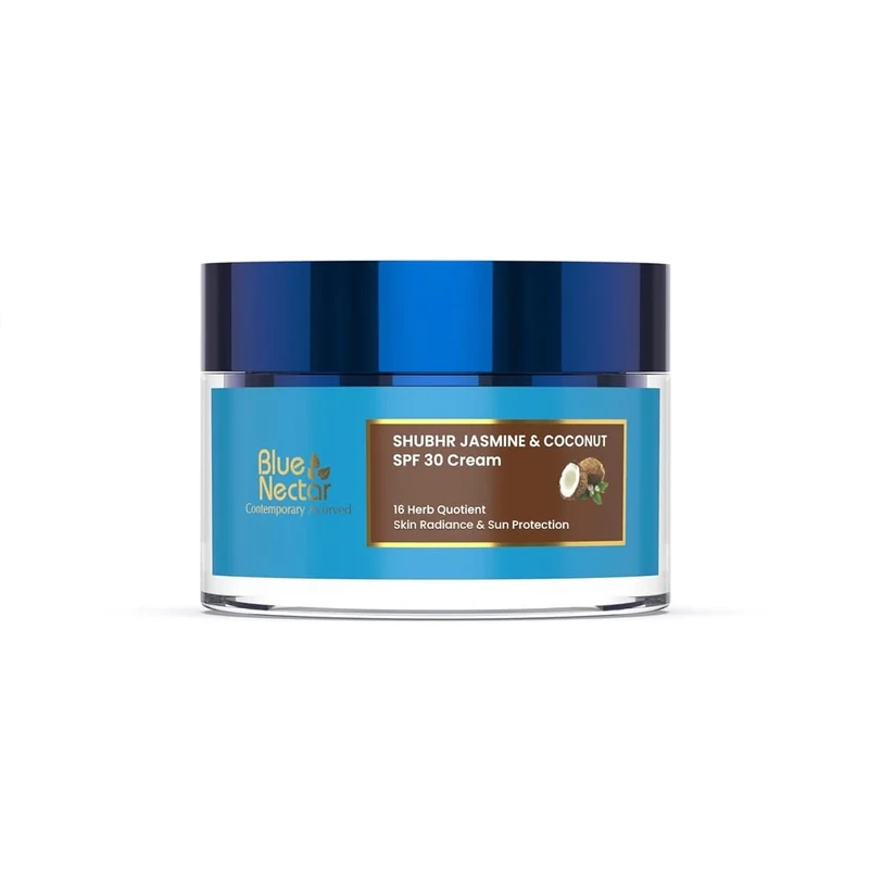 Blue Nectar Coconut SPF 30 Sunscreen Face Cream for Plant Based Sun Protection | Oil Free Vitamin E Face Moisturizer for Oily & Sensitive Skin (16 Herbs, 50g)