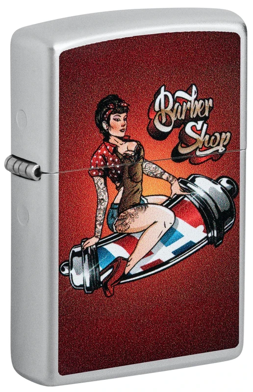 Zippo Windproof Lighter, Barber Shop Pin-Up, Satin Chrome, Colour Image, Refillable, Reusable, Windproof Design, Gift Box, Made in USA