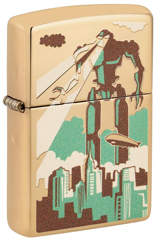 Original Zippo Lighter - Robots in the City, Polished Brass (Gold)