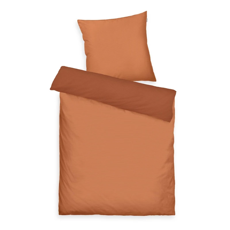 TOM TAILOR TWO Tone Solid Colours Satin Bed Linen 80 x 80 cm + 155 x 220 cm with Double Stitching on Pillow Reversible Motif and Coloured Brand Zip Two Tone Solid Colours Orange (Warm Coral)