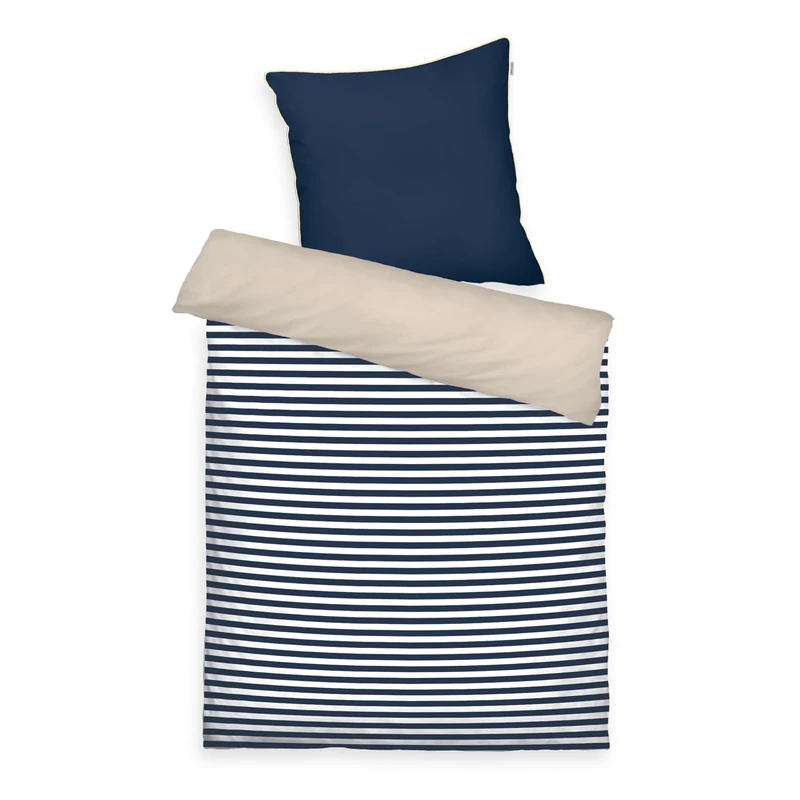 Klaus Herding GmbH Tom Tailor Bed Linen Stripes with a Kick Dark Navy & Sunny Sand, 80 x 80 cm + 135 x 200 cm, 100% Cotton/Percale with Reversible Motif, Coloured Piping on Cushion and Branded Zip