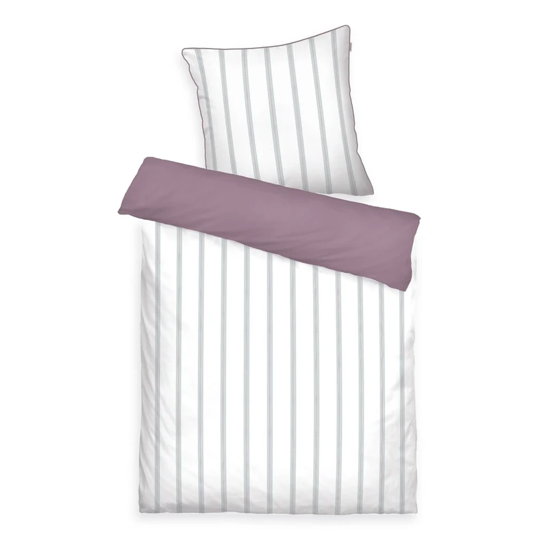TOM TAILOR Satin Bed Linen 80 x 80 cm + 135 x 200 cm, 100% Cotton/Satin, with Reversible Motif, Coloured Piping on Cushion and Branded Zip, Classic Satin Stripes White, Purple (Cozy Mauve & Fresh