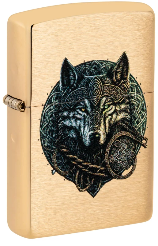 Zippo Windproof Lighter - Wolf Warrior, Brushed Brass, Colour Image, Refillable, Reusable, Windproof Design, Gift Box, Made in USA
