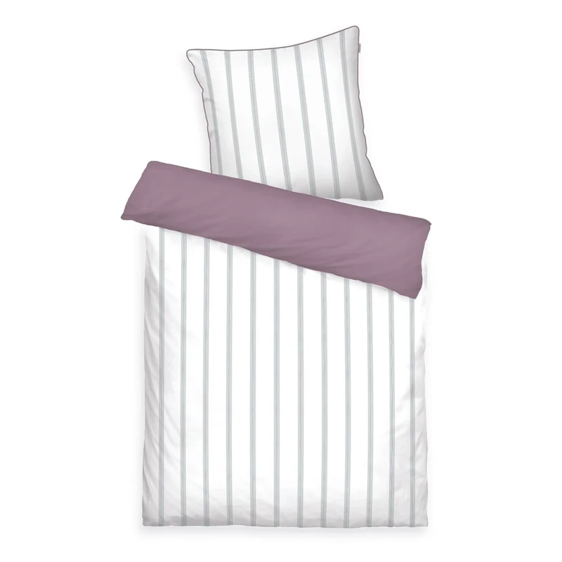 TOM TAILOR Satin Bed Linen, 80 x 80 cm + 155 x 220 cm, 100% Cotton/Satin, with Reversible Motif, Coloured Piping on Cushion and Branded Zip, Classic Satin Stripes, White, Purple (Cozy Mauve & Fresh