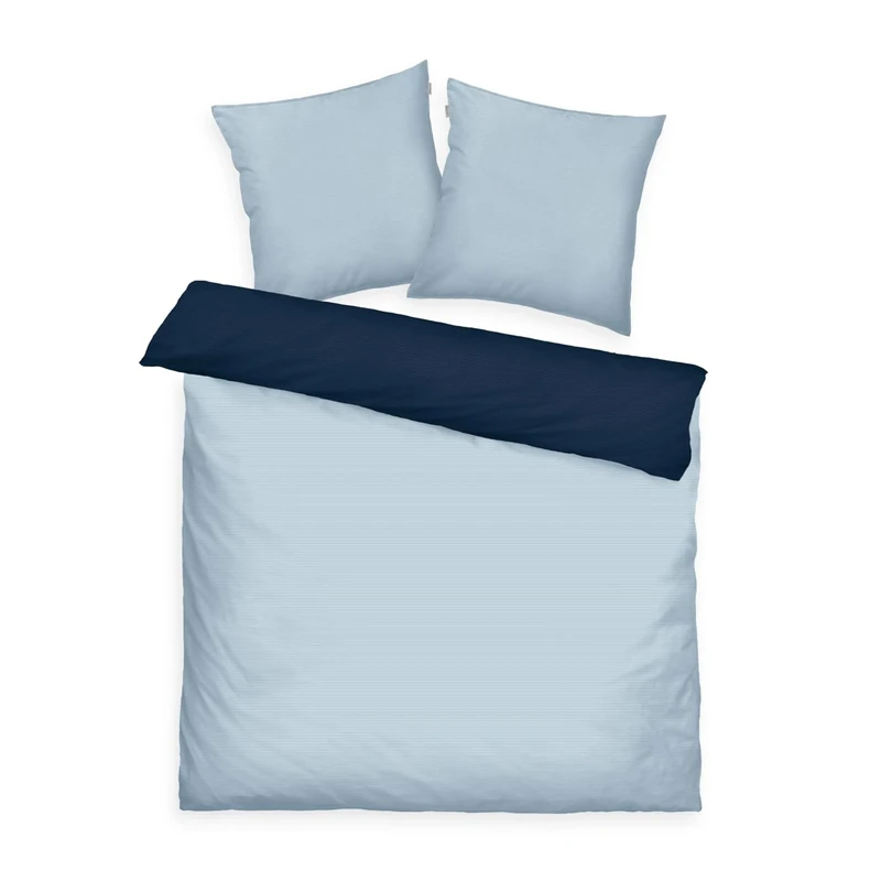 Tom Tailor Satin Bed Linen 2 x 80 x 80 cm + 200 x 220 cm, 100% Cotton/Satin, with Double Stitching on Pillow, Reversible Motif and Coloured Brand Zip, TWO Tone Solid Colours Blue (Dark Navy & Sky