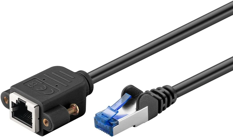 Goobay CAT6A Extension Cable (CU) S/FTP (PiMF)/CAT 6A Extension for Ethernet Network Cable / RJ45 to RJ45 Socket with Mounting Flange / 500 MHz / 0.5 m Black - 65641