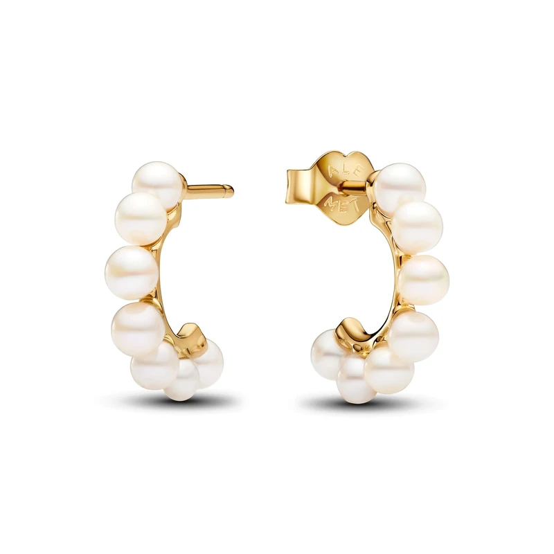 Pandora Timeless 14k Gold-plated hoop earrings with white treated freshwater cultured pearl