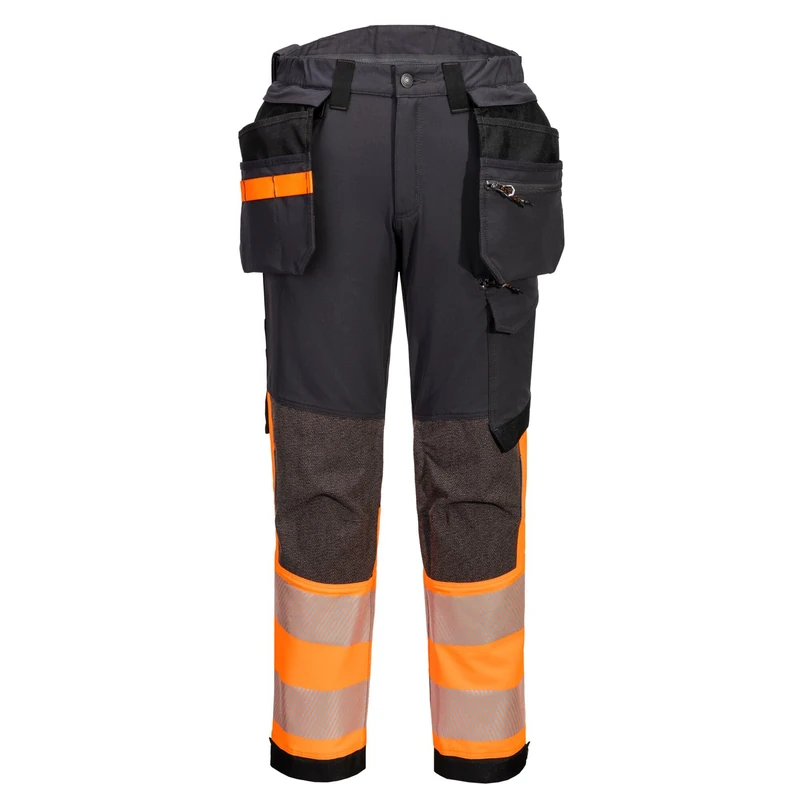 Portwest EV442 EV4 Hi-Vis Stretch Water Resistant Work Trousers with Detachable Holster Pocket - Reflective Breathable Waterproof High Visibility Workwear, Orange/Metal Grey, 30