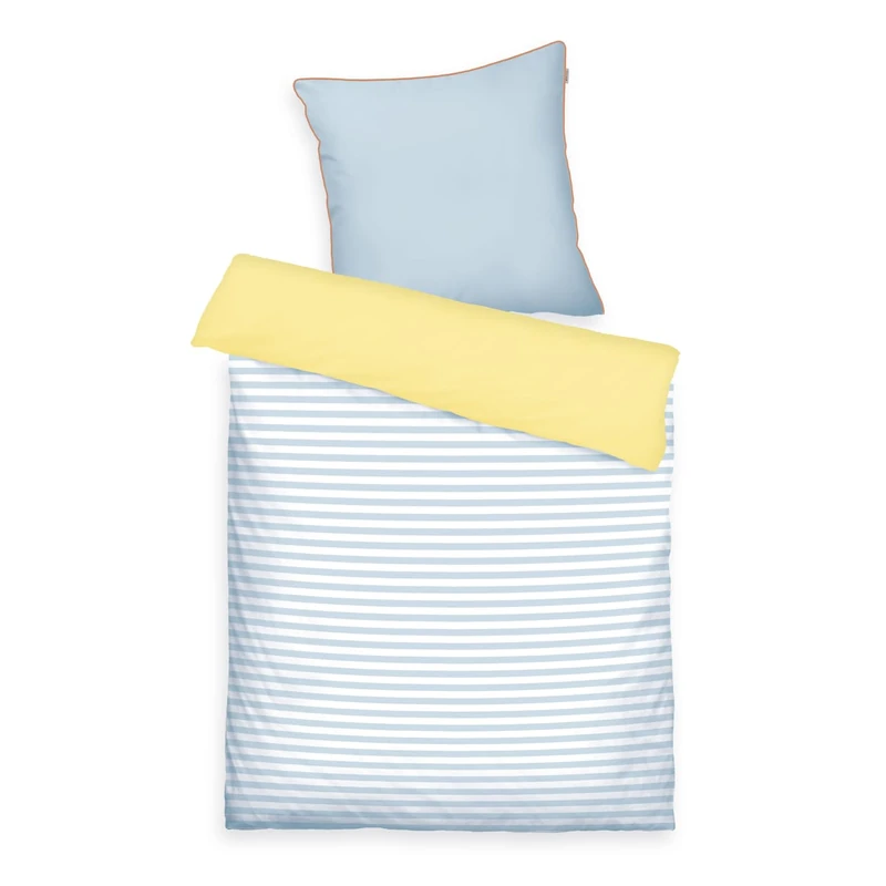 Klaus Herding GmbH Tom Tailor Bed Linen Stripes with a Kick Sky Blue & Light Lemon, 80 x 80 cm + 135 x 200 cm, 100% Cotton/Percale with Reversible Motif, Coloured Piping on Cushion and Branded Zip