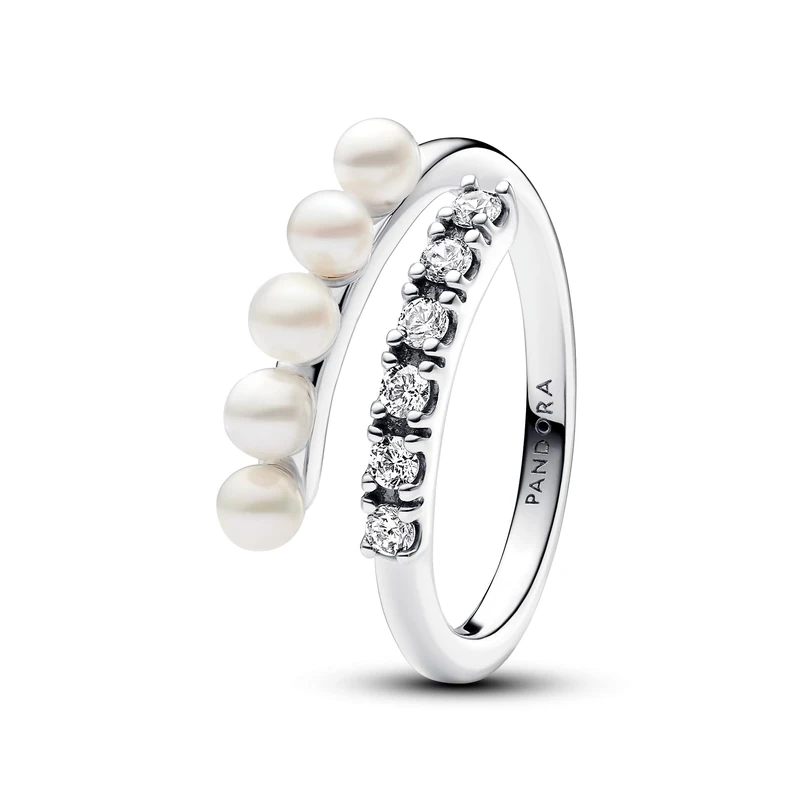 Pandora Timeless Sterling silver open ring with white treated freshwater cultured pearl and clear cubic zirconia, 52