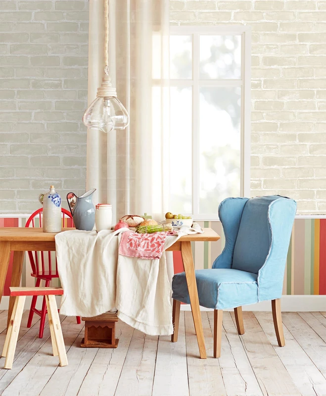 BUVU Vinyl Wallpaper 0.53 x 10 m Washable Wallpaper with Beige Masonry Motif