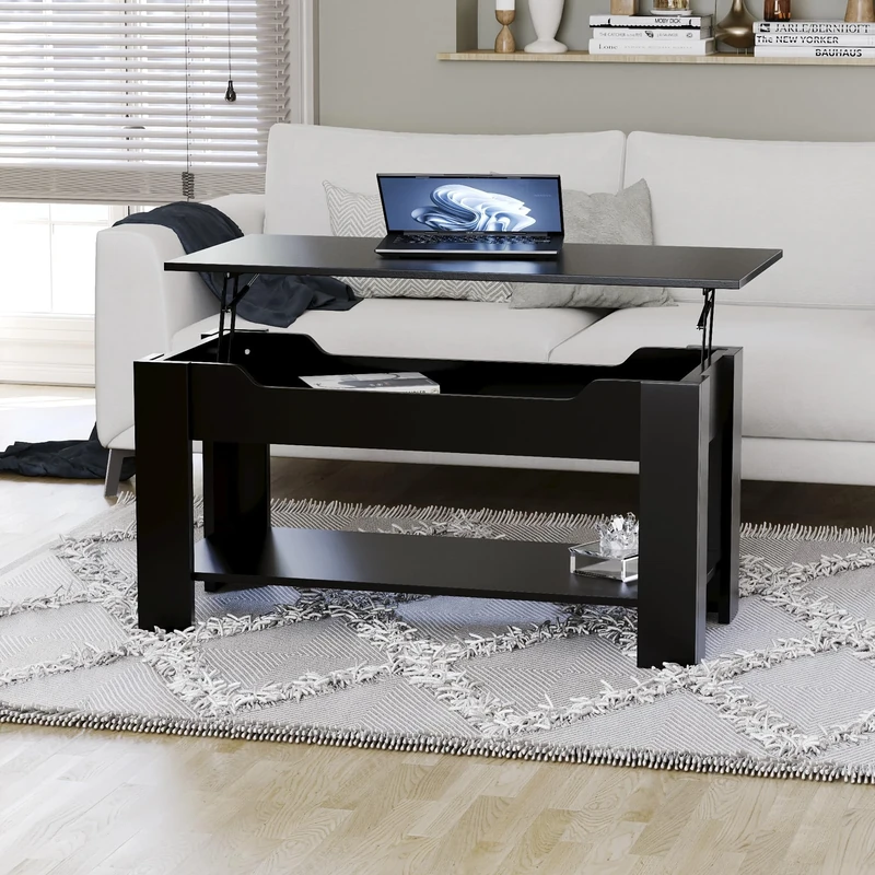 Vida Designs Lift Up Coffee Table with Storage 100 (L) x 48 (W) x 48–60 (H) cm - Wooden Table with Hidden Compartment & Shelf - Multi-Functional Living Room Furniture for Home Office or Dining - Black
