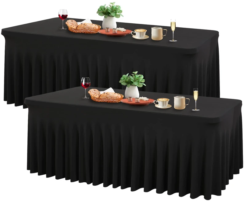 Wish Care 2 Pack Black Spandex Table Cloths for Rectangle Tables 8ft - One-Piece Wrinkle Free Fitted Table Cover 8 Foot Stretch Tablecloths for Party, Banquet, Wedding and Events