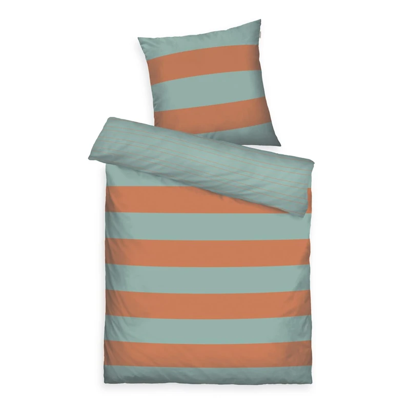 TOM TAILOR Renforcé Bed Linen 80 x 80 cm + 155 x 220 cm, 100% Cotton/Renforcé with Reversible Motif and Coloured Brand Zip, Bold Stripes Orange, Turquoise (Warm Coral & Fresh Sage)