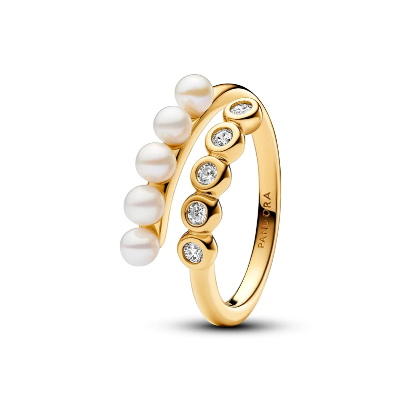 Pandora Timeless 14k Gold-plated open ring with white treated freshwater cultured pearl and clear cubic zirconia, 56