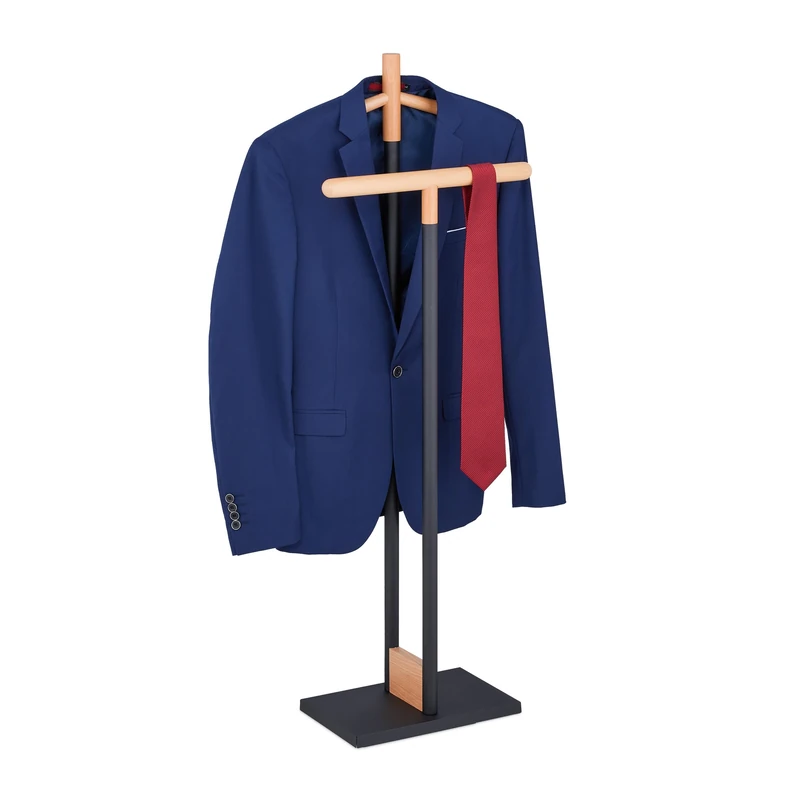 Relaxdays Valet Stand, for Shirts & Pants, Wood & Steel, Freestanding, for Men and Women, 112 x 47 x 20 cm, Black/Brown