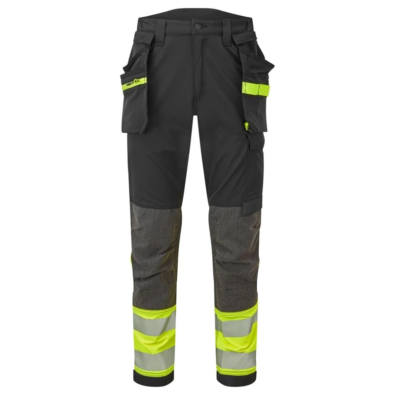 Portwest EV442 EV4 Hi-Vis Stretch Water Resistant Work Trousers with Detachable Holster Pocket - Reflective Breathable High Visibility Workwear, Yellow/Black Tall, 42