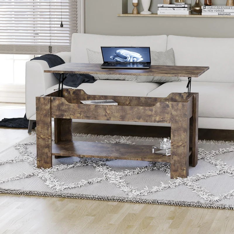 Vida Designs Lift Up Coffee Table with Storage 100 (L) x 48 (W) x 48–60 (H) cm - Wooden Table with Hidden Compartment & Shelf - Multi-Functional Furniture - Living Room Home Office Dining - Dark Wood