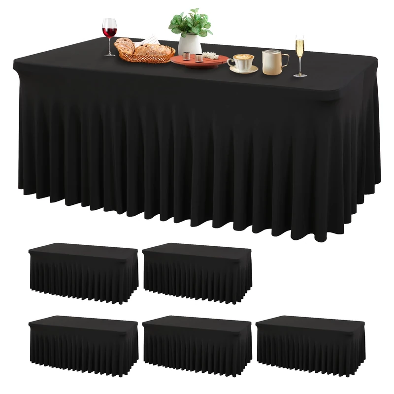 Wish Care 6 Pack Black Spandex Table Cloths for Rectangle Tables 6ft - One-Piece Wrinkle Free Fitted Table Cover 6 Foot Table Stretch Tablecloths for Party, Banquet, Wedding and Events