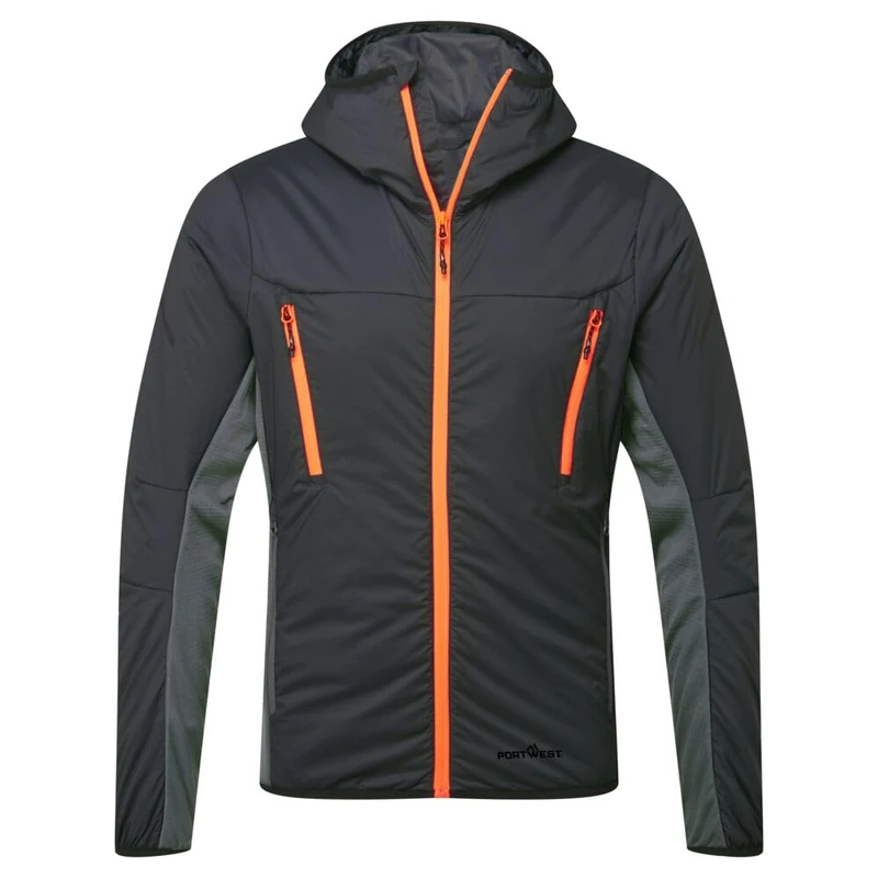 Portwest EV470 EV4 Insulated Hybrid Jacket Warm Lightweight Water-Resistant Stretch Panels Breathable Hooded Work Jacket for Cold Weather and Outdoor Use, Metal Grey, XXL