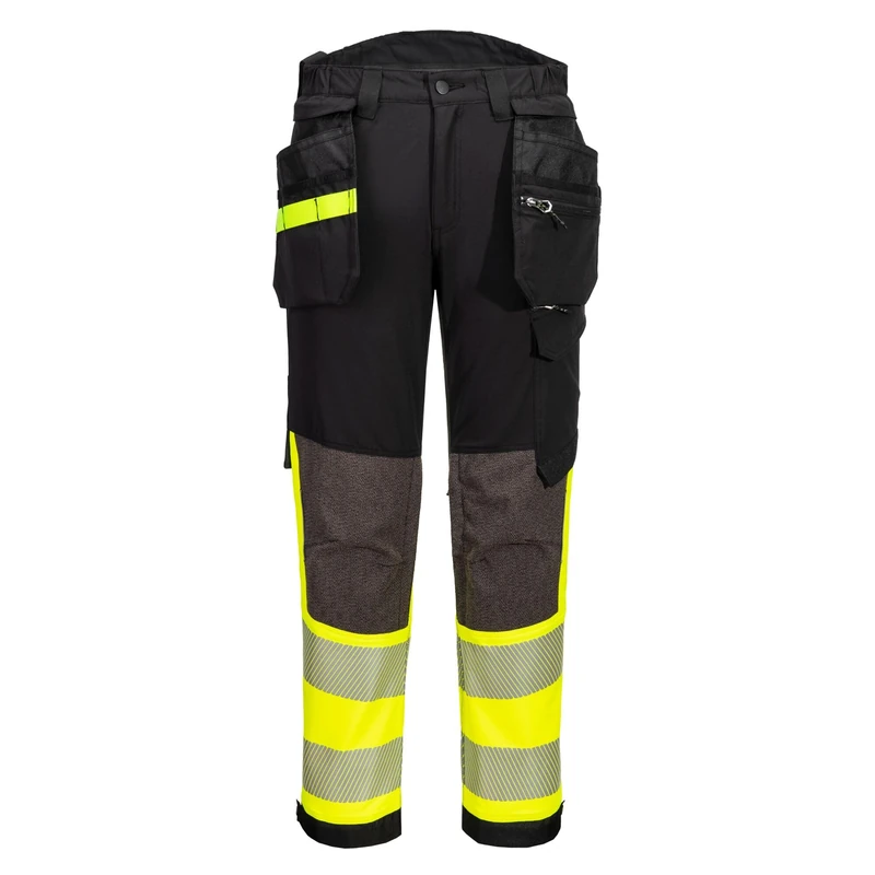 Portwest EV442 EV4 Hi-Vis Stretch Water Resistant Work Trousers with Detachable Holster Pocket - Reflective Breathable High Visibility Workwear, Yellow/Black, 48