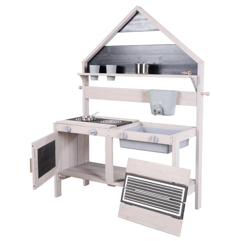 roba Mud Kitchen for Children in House Design - Functional Outdoor Play Kitchen incl. Accessories for Girls & Boys - FSC-certified Solid Wood - Grey Stained