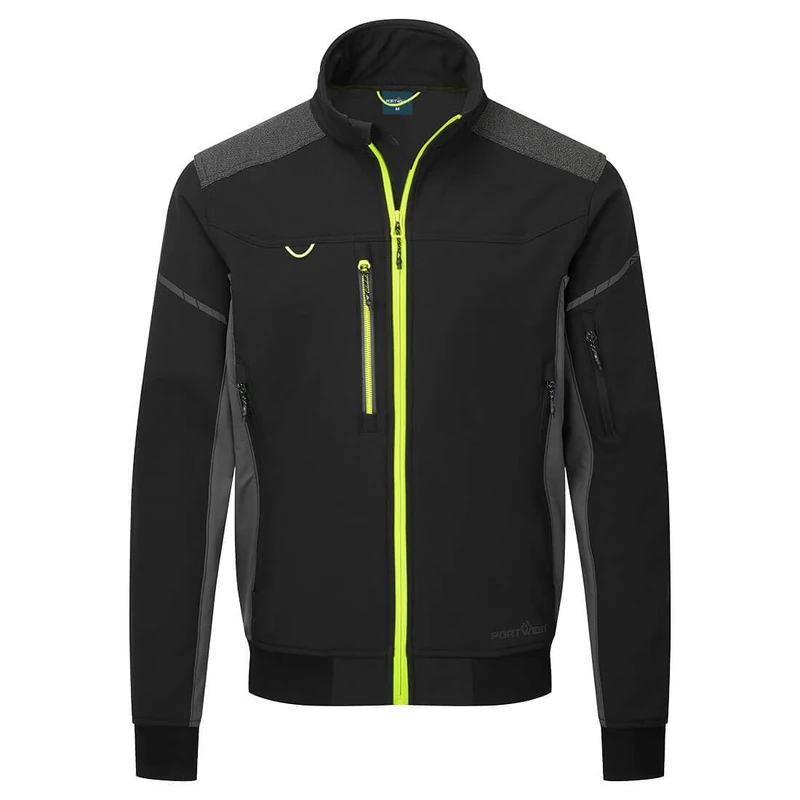 Portwest EV464 EV4 Men's Softshell Water Resistant Bomber Jacket - Waterproof Lightweight Breathable Reflective Workwear Jacket, Black, L