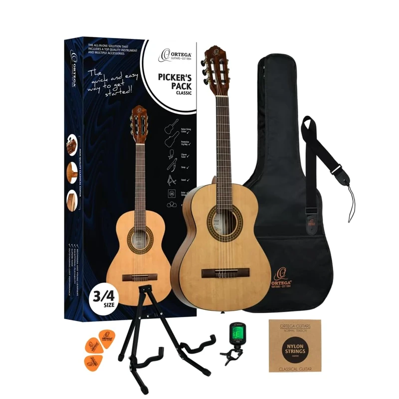 Ortega Guitars Classical Guitar Beginners’ Set – Picker’s Pack – Incl. Gigbag, Tuner, Picks, Strap, Strings, Stand – Spruce, Catalpa, Natural (RPPC34) - Image 1