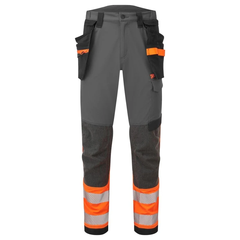 Portwest EV442 EV4 Hi-Vis Stretch Water Resistant Work Trousers with Detachable Holster Pocket - Reflective Breathable Waterproof High Visibility Workwear, Orange/Metal Grey, 33