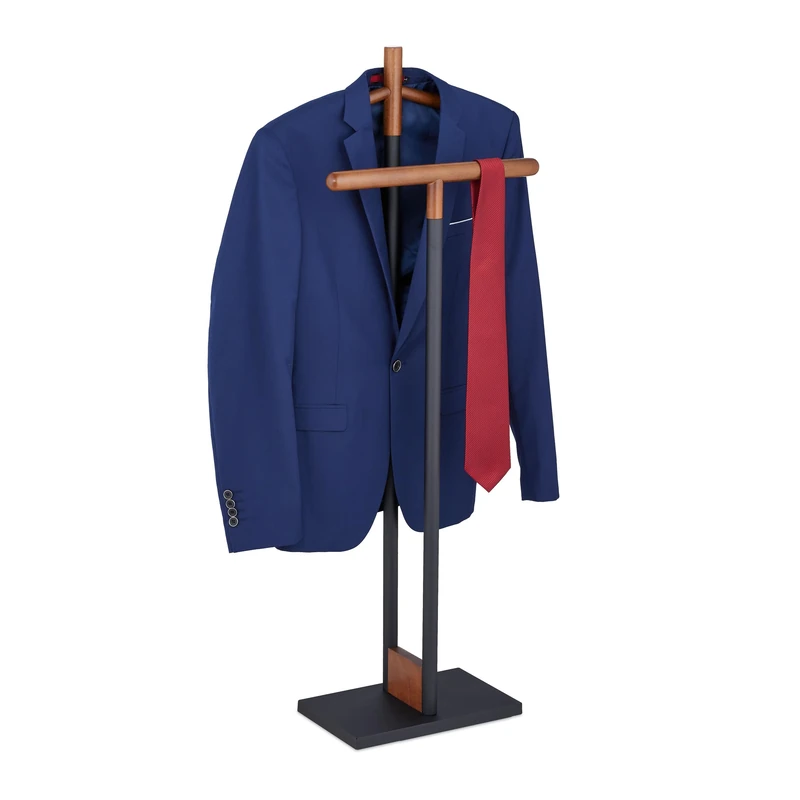 Relaxdays Valet Stand, for Shirts & Pants, Wood & Steel, Clothes Hanger for Men and Women, 112 x 47 x 20 cm, Black/Brown