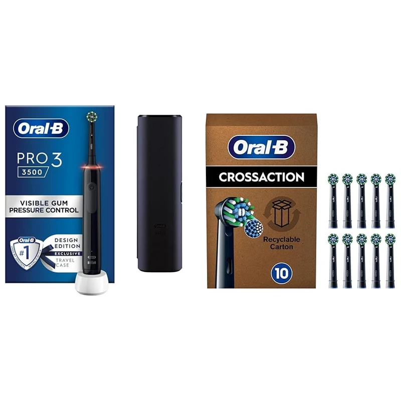Oral-B Pro 3 Electric Toothbrush For Adults, 3 Modes with Teeth Whitening, 2 Pin UK Plug, Black + 10 Black OralB Pro Cross Action Toothbrush Head, X-Shape And Angled Bristles for Deeper Plaque Removal