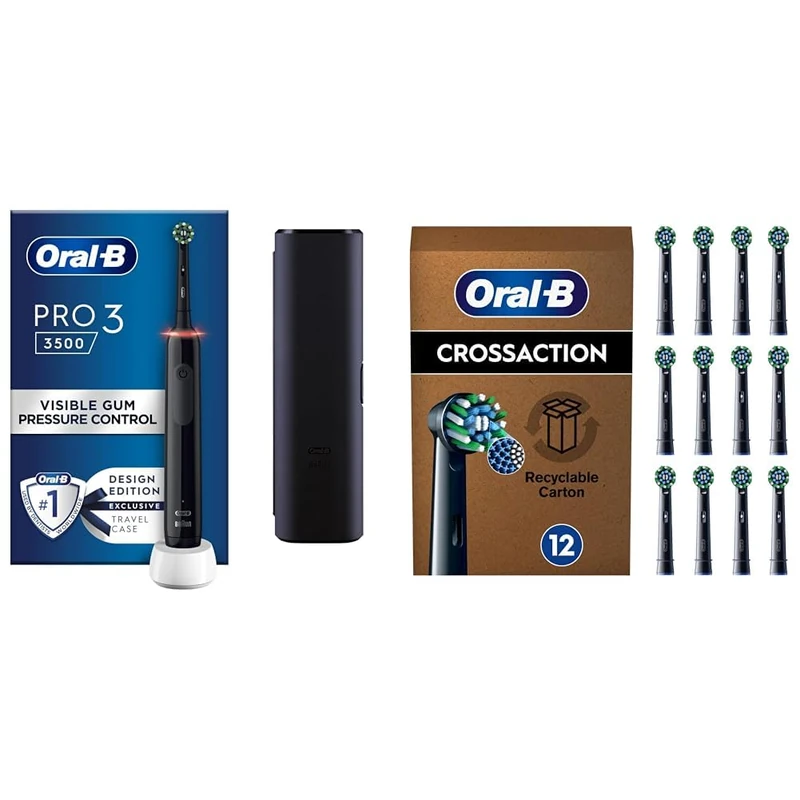 Oral-B Pro 3 Electric Toothbrush Adult, 1 Cross Action Toothbrush Head & Travel Case, 3 Modes with Teeth Whitening+ 12 Black Cross Action Heads, X-Shape and Angled Bristles for Deeper Plaque Removal