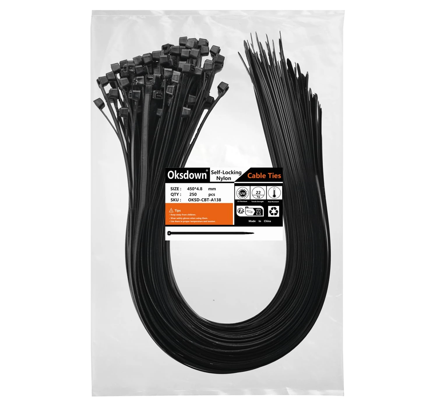 Oksdown Cable Ties 450mm×4.8mm Black Thick Heavy Duty Large Strong Nylon Plastic Self Locking 18 inch/45 cm Extra Long Zip Tie Wraps, 250 Pack