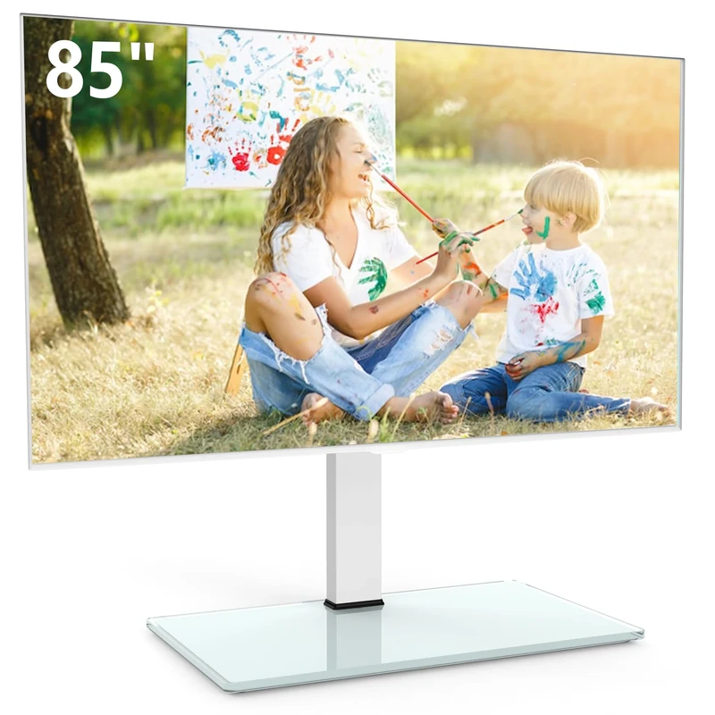 FITUEYES 50-85 inch Tabletop TV Stand, Stable TV Pedestal Stand with Height Adjustment, 80° Swivel & Tempered Glass Base, Holds 65kgs, Max VESA 800X600 mm White (White)