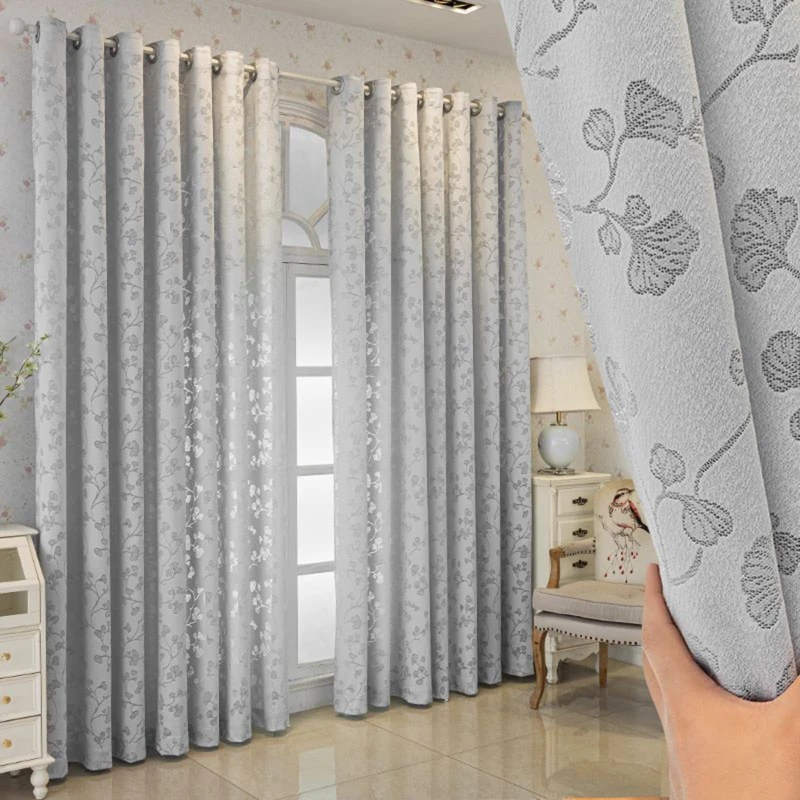 BYSURE Set of 2 Jacquard Curtains, Semi-Transparent with Ginkgo Leaf Pattern, Romantic Decorative Curtain, Eyelet Curtains for Bedroom, Living Room, 140 x 215 cm, Grey - Image 1