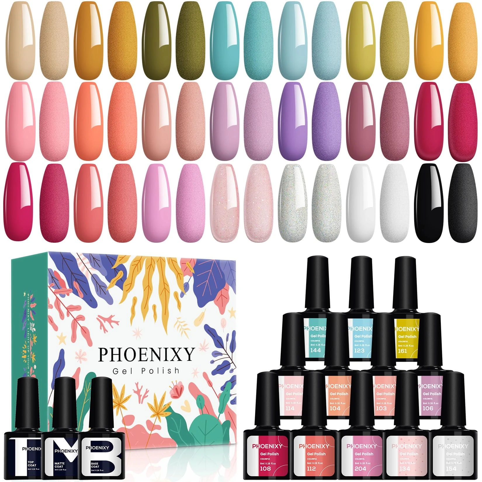 Gel Nail Polish Set, Phoenixy 21 Colours U V Gel Nail Polish Nail Varnish Set Base and Top Coat Nail Gift Set for Women