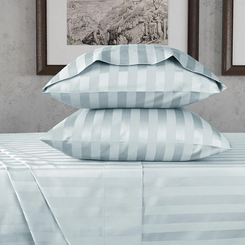 URBANHUT 100% Cotton Damask Full Size Sheets, 4 Piece Hotel Style Sheet Set Bed Sheet for Full Size Bed, Sateen Weave Stripe Sheets, 16'' Elasticized Deep Pocket - Light Blue