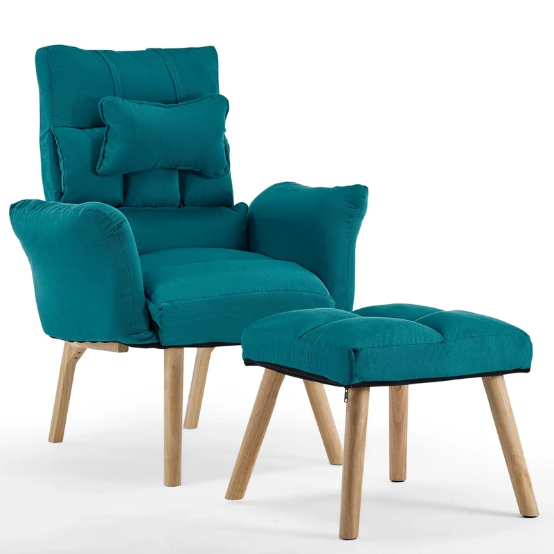 TUKAILAi Modern Armchair with Footstool, Occasional Linen Tub Lazy Chair with 6-Position Adjustable Backrest and Headrest,Wooden Legs, Upholstered Accent Chair for Living Room Bedroom Office