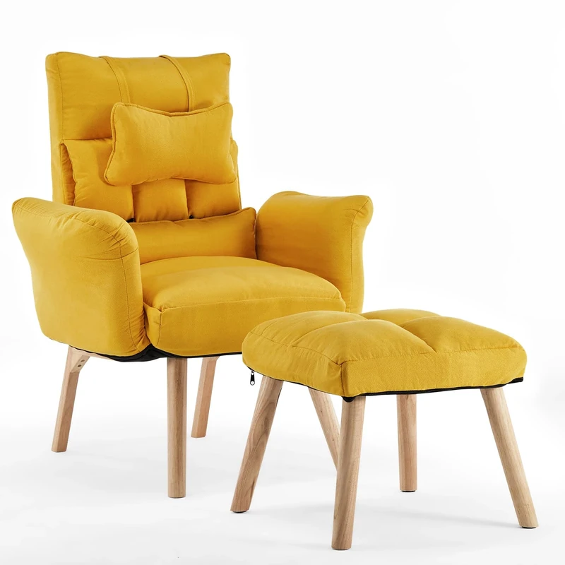 TUKAILAi Recliner Armchair with Footstool, 6-Position Adjustable Backrest,Linen Fabric Upholstered Living Room Chair with Headrest and Wooden Legs, Occasional Lazy Chair for Bedroom Office