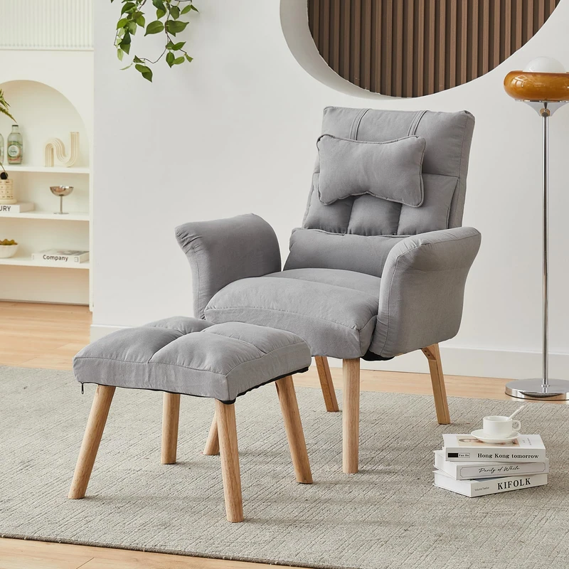 TUKAILAi Living Room Armchair with Footstools, Occasional Linen Tub Chair with 6-Position Adjustable Backrest and Headrest,Wooden Legs, Upholstered Accent Chair for Bedroom Study Room Office