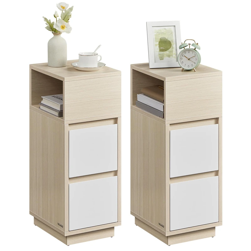 VASAGLE KAILYN Collection - Slim Bedside Tables, Set of 2 Small Narrow Side End Tables with Drawers, Flexible Open Compartment, for Bedroom, Living Room, Natural Beige and Cloud White LET856N01