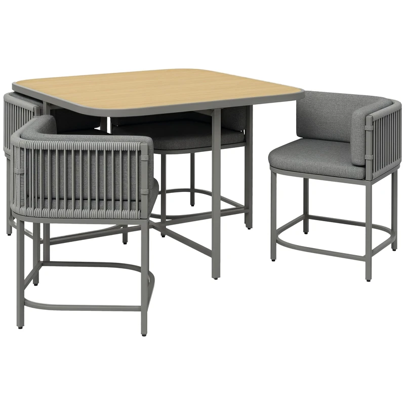 Outsunny 4 Seater Rattan Cube Garden Furniture Set with Cushions, Square Garden Dining Set with Stone Composite Board Top Table, Wicker Outdoor Table and Chairs, Grey