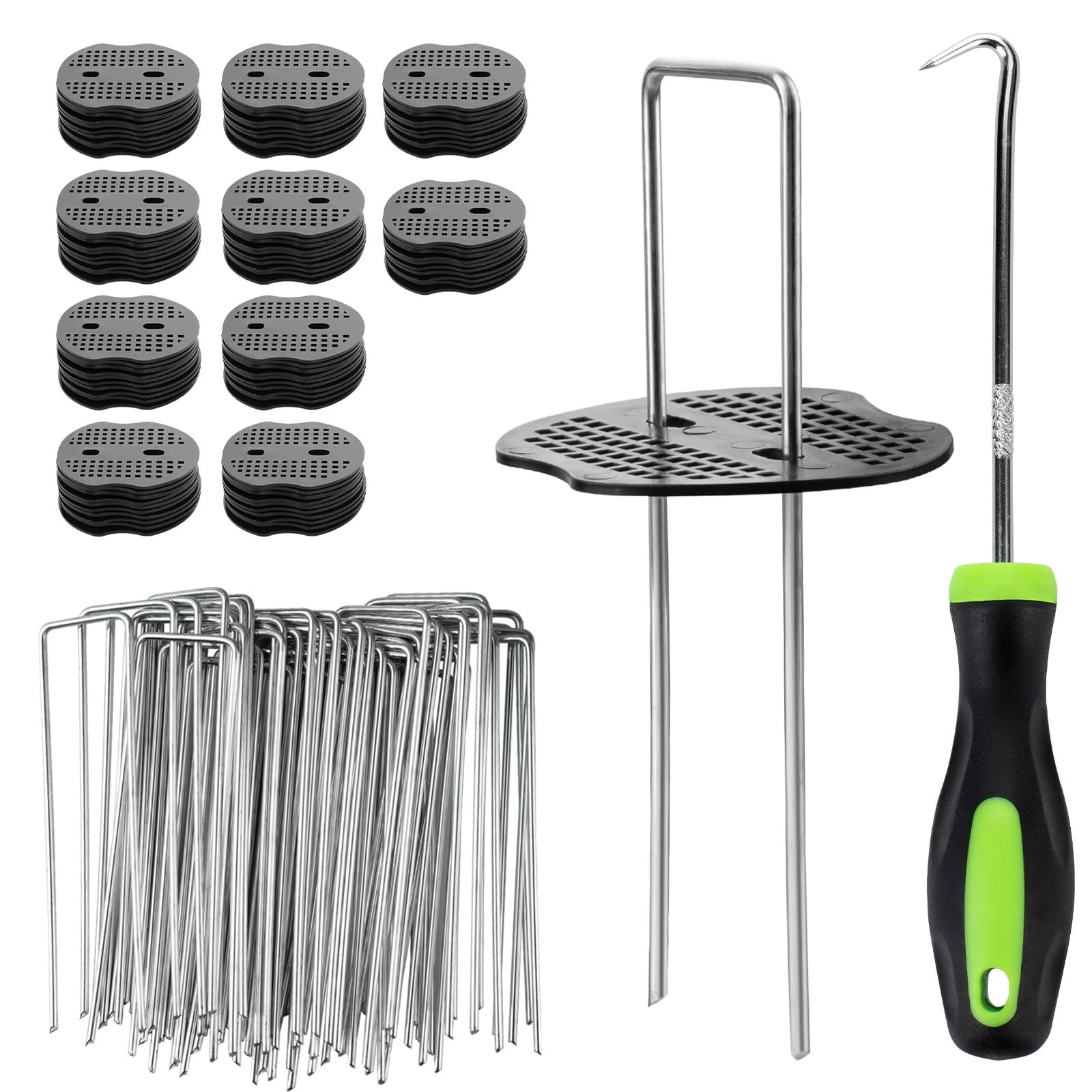 Velway 100 Weed Control Membrane Pegs + 100 Buffer Washer, 6"/150mm Weed Mat Metal Garden Landscape Staples Artificial Grass Pins Ground Cover Mossing Fabric Artificial Barrier Pegs Accessories