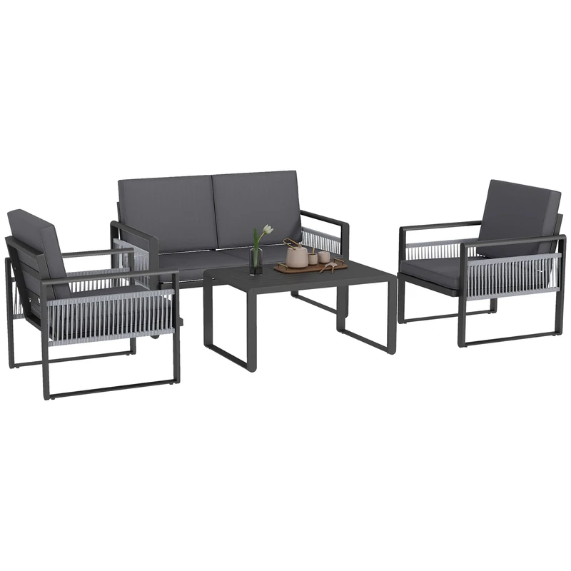 Outsunny Aluminium Garden Furniture Sets w/Cushions, Slatted Top Table, Black