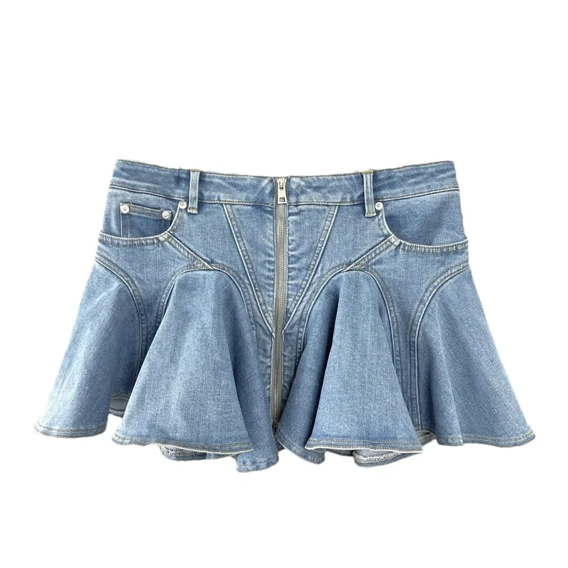 Hndudnff Women's Denim Skirt High Waist Slim Ruffles Patchwork Skirts Wrap Hip Short Mini Skirts Denim Blue L