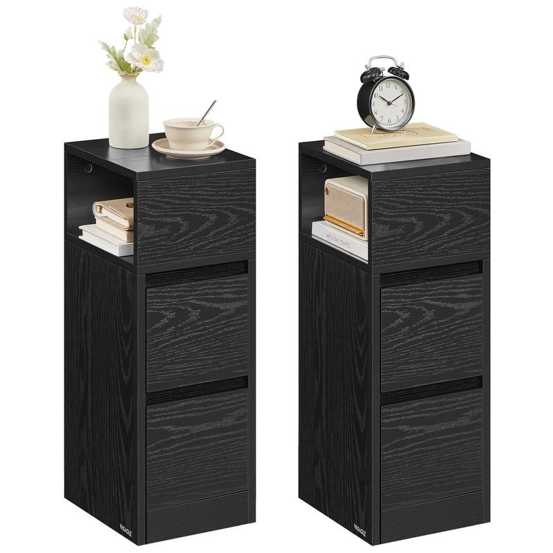 VASAGLE Collection - Slim Bedside Tables, Set of 2 Small Narrow Side End Tables with Drawers, Flexible Compartment, for Bedroom, Living Room, Modern, Ebony Black KAILYN LET856B56