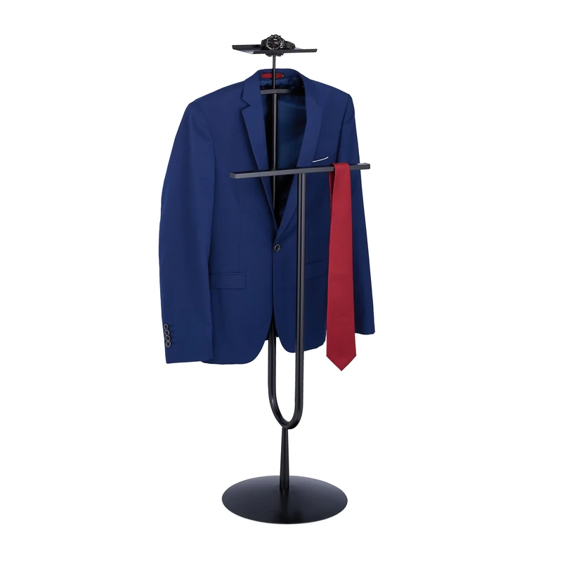 Relaxdays Valet Stand, for Shirts & Pants, Shelf for Accessories, Steel, Clothes Hanger, HWD: 121 x 45 x 33.5 cm, Black
