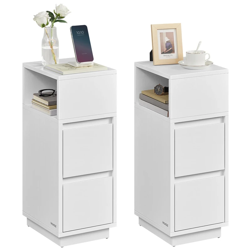 VASAGLE KAILYN Collection - Slim Bedside Tables, Set of 2 Small Narrow Side End Tables with Drawers, Flexible Open Compartment, for Bedroom, Living Room, Cloud White LET856W01