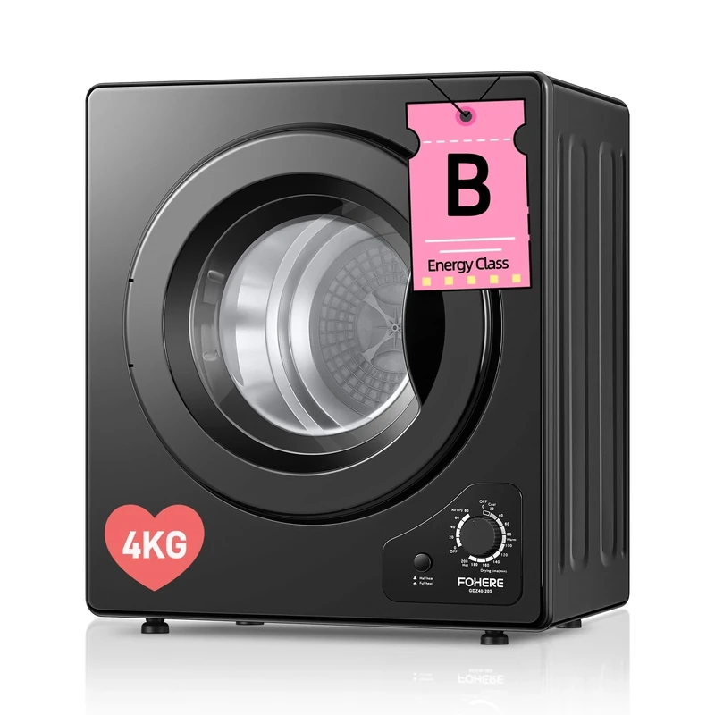 4KG Tumble Dryer, FOHERE 1200W Compact Vented Tumble Dryer, 5 Auto Drying Mode, with Sensor, Exhaust Duct & Stainless Steel Tub, for Apartment, Home, Dorm, Black